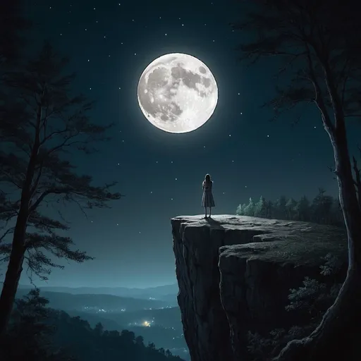 Prompt: Woman stands on the edge of a cliff in a forest the moon full in the night sky there a figures of people standing behind her 