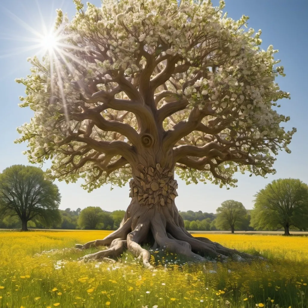 Prompt: Tree of knowledge
Standing in a field of flowers
Dappled sunlight