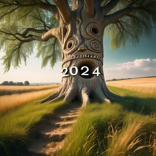 Prompt: Tree in long grass with the number 2024 carved in the trunk. Magical landscape tree in the distant 