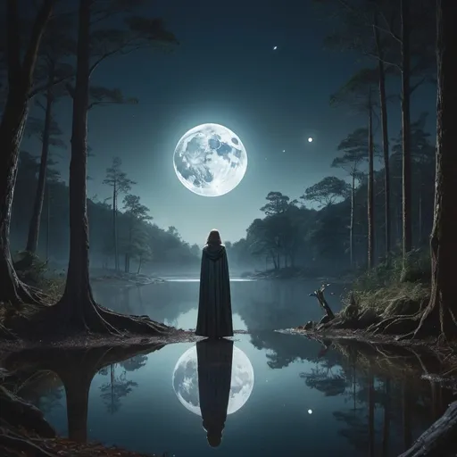 Prompt: Woman standing under the full moon and people in cloaks bow behind her in a forest that looks across a reflective body of water on the edge of a planet