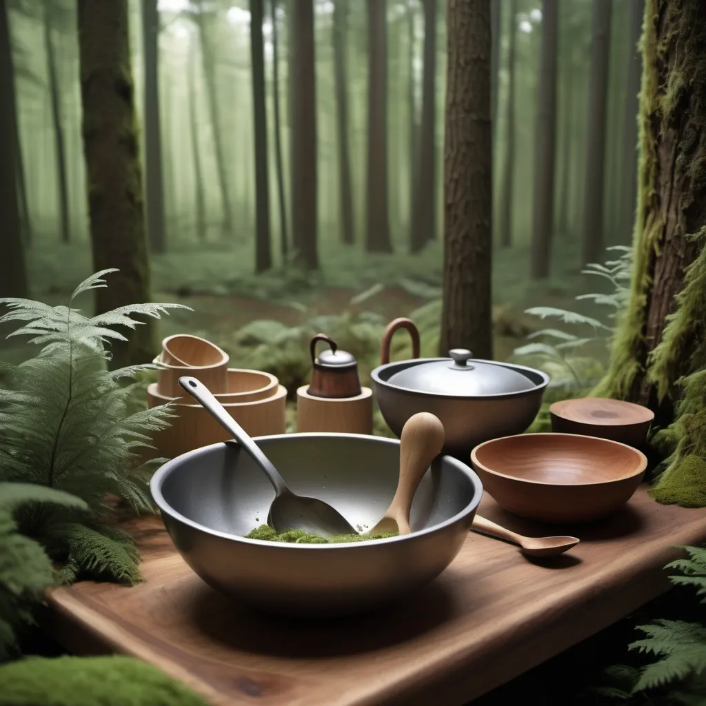 Prompt: Kitchen in the forest no walls just a workspace with a mixing bowl and spoon