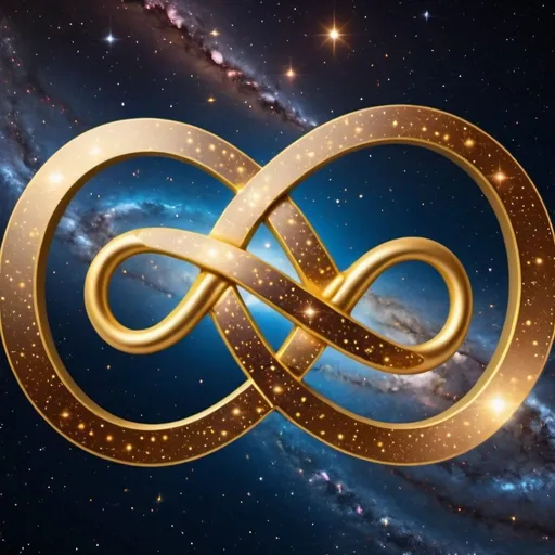 Prompt: Golden infinity symbol with universe in the background