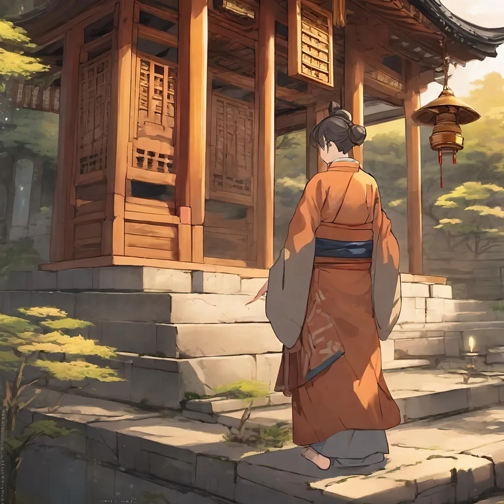 Prompt: Detailed anime illustration of a serene shrine visit, warm and golden tones, historical setting, traditional clothing, detailed facial expressions, deeply contemplative atmosphere, prayerful ambiance, high quality, anime, historical, detailed features, warm tones, traditional clothing, serene atmosphere, contemplative, prayerful