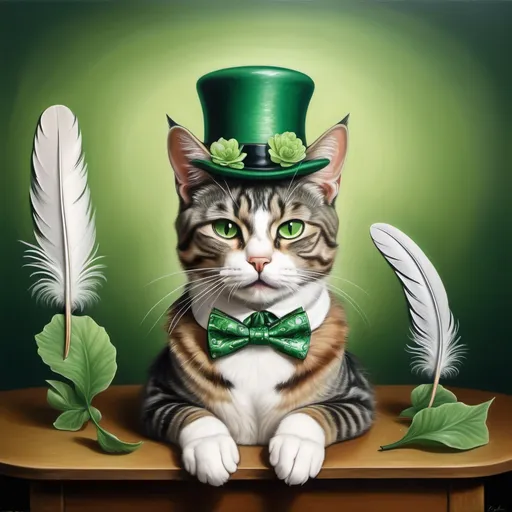 Prompt: a cat wearing a green hat with KUCOIN labelled on it, bow tie sitting on a table with green flowers and feathers on it's head, Carlos Catasse, magic realism, whimsical, a photorealistic painting