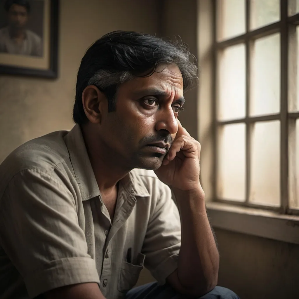 Prompt: sad Indian man of 40 years feeling sad in trauma