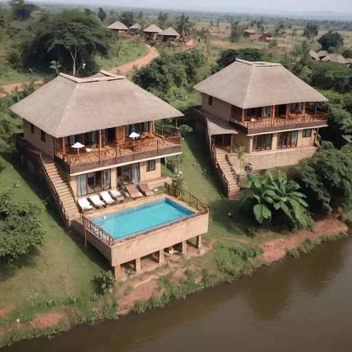 Prompt: View of the entire resort of 5  Separate A frame cottages 2 storey, on top is the bedroom living room bath and balcony and at the bottom is the kitchen built in  chic modern African style and on the shores of the nile in Uganda 
