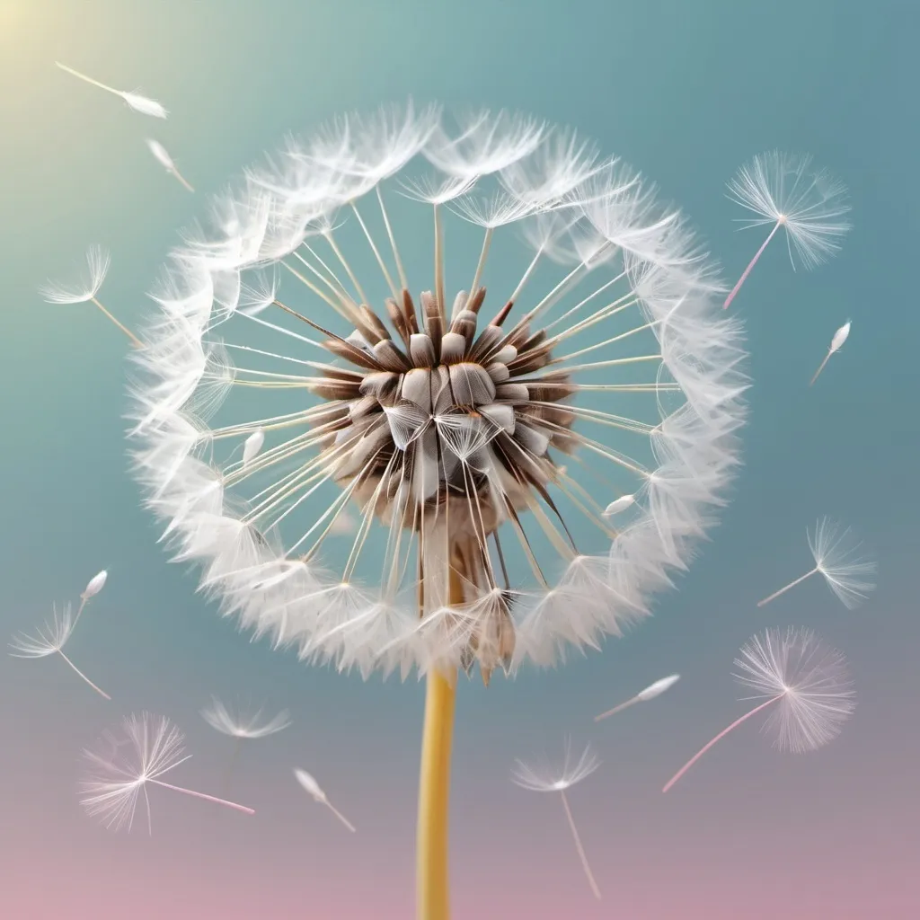 Prompt: Dandelion seeds made up of (AI icons and symbols), photorealistic, realism style, pastel color scheme, **delicate** and ethereal atmosphere, soft and warm lighting, floating seeds creating a sense of motion, minimalistic background with a subtle gradient from light baby blue to pastel pink, highly-detailed, high definition, ultra-detailed, 4K, calm and peaceful feeling