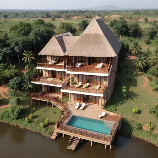 Prompt: View of the entire resort of 5  A frame little cottages 2 storey, on top is the bedroom living room bath and balcony and at the bottom is the kitchen built in  chic modern African style and on the shores of the nile in Uganda 
