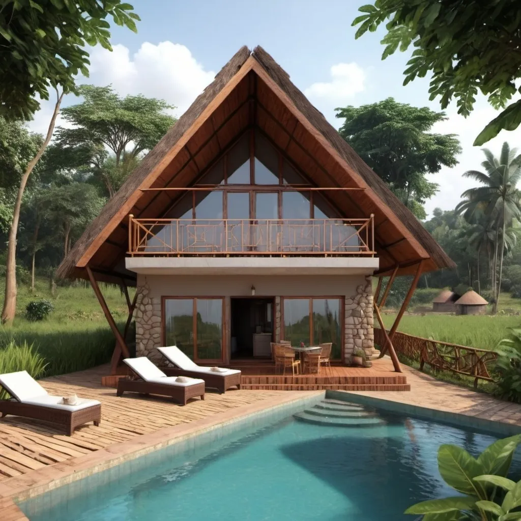 Prompt: a resort of 5  A frame little cottages 2 storey, on top is the bedroom living room bath and balcony and at the bottom is the kitchen built in  chic modern African style and on the shores of the nile in Uganda 
