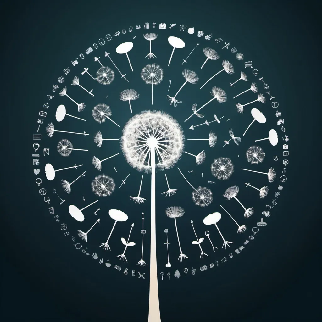 Prompt: Dandelion seeds made up of AI icons and symbols
