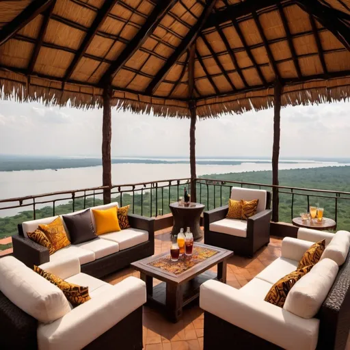 Prompt: A roof top cocktail lounge in Uganda over looking lake Victoria  in an elegant African chic style


