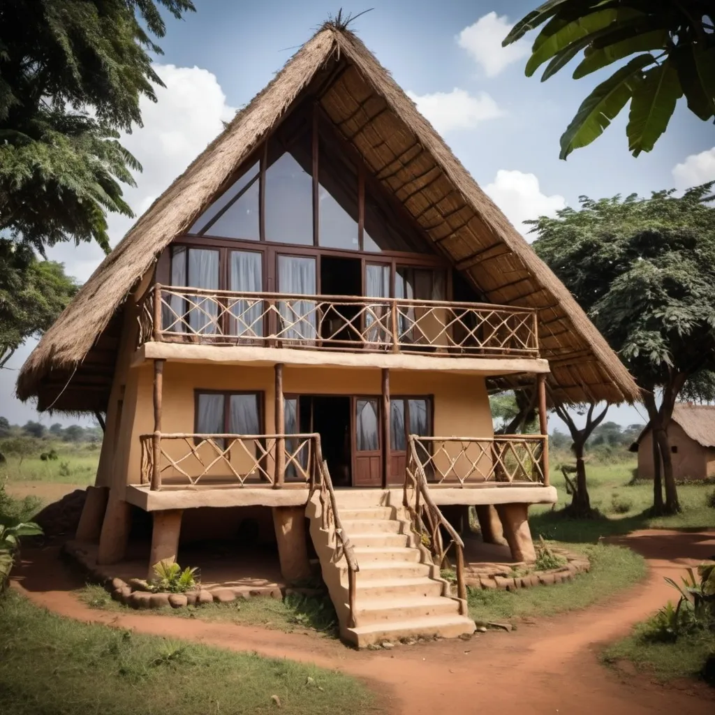 Prompt: An A frame little cottage 2 storey, on top is the bedroom living room bath and balcony and at the bottom is the kitchen built in African style and on the shores of the nile in Uganda 
