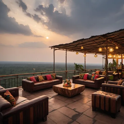 Prompt: A roof top cocktail lounge in Uganda in Helmut Jacoby's style.


