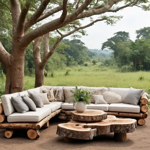 Prompt: create a outdoor living room embracing nature, coffee tables made of weathered logs and  tree trunks  and mirrors to reflect light, large natural wooden  sofas in uganda