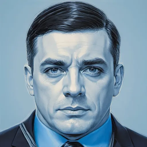 Prompt: a close up of a person wearing a uniform and a tie and a black haircut and a blue shirt, Bourgeois, superflat, perfect facial symmetry, a stock photo