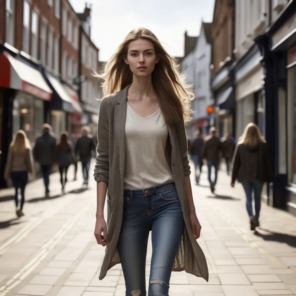 Prompt: Tall young woman walking down the high street, detailed clothing, realistic, natural lighting