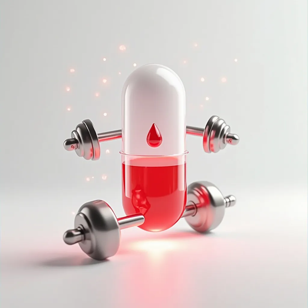 Prompt: 

"A glossy pharmaceutical capsule with a transparent top half and a red bottom half, containing a single glowing red blood droplet inside. The capsule is lifting small metallic dumbbells with 'Fe' written on them, surrounded by light energy beams. The background is clean white with soft shadows, hyper-realist
