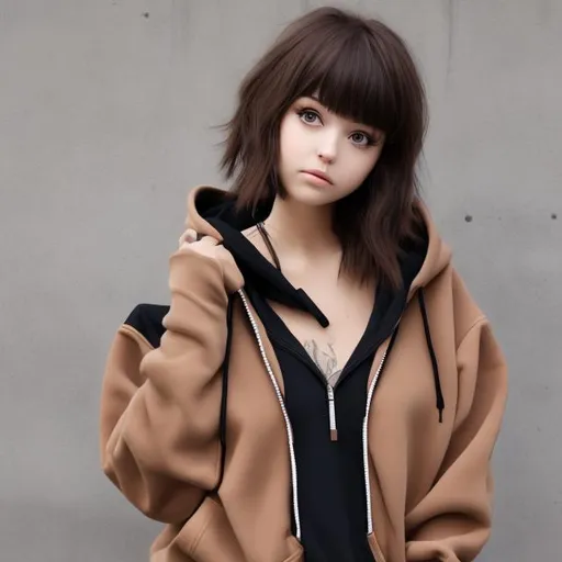 Prompt: anime girl with brown short hair, to shoulders half up half down oversized black hoodie and brown eyes 