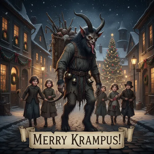 Prompt: Victorian theme Krampus Christmas. Krampus aesthetic: 19th century with a basket and children following him on a European cobblestone street at night. Basket is on his back. Background is Christmas themed. European style.
Text is Old world Style and reads: Merry Krampus!
