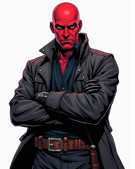 Prompt: a male character with red skin inspired by star wars. he is wearing a rugged black jacket and black gloves. he is bald. white background. dc comic style