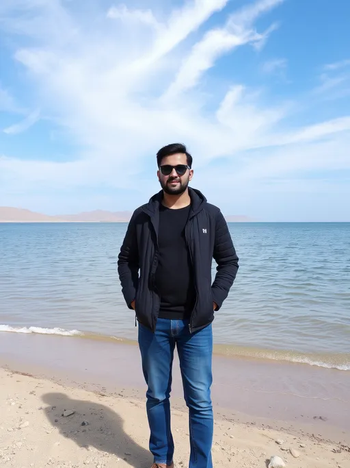 Prompt: a man standing on a beach next to a body of water with a sky background and a body of water in the distance, Amir Zand, samikshavad, lake, a picture