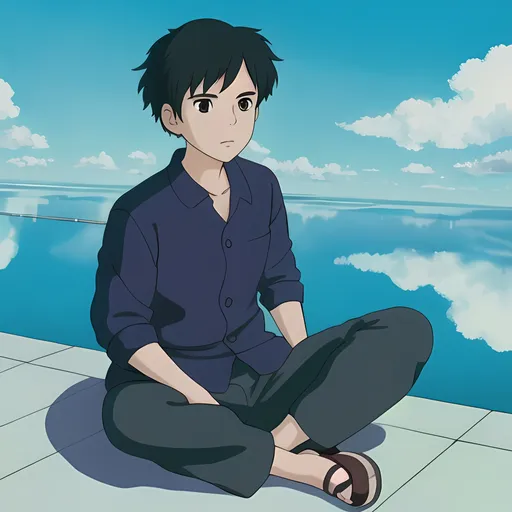 Prompt: Photo One boy on the sofa,brown eyes,black short hair,wear glass,Vietnamese student suit,beautiful sky background