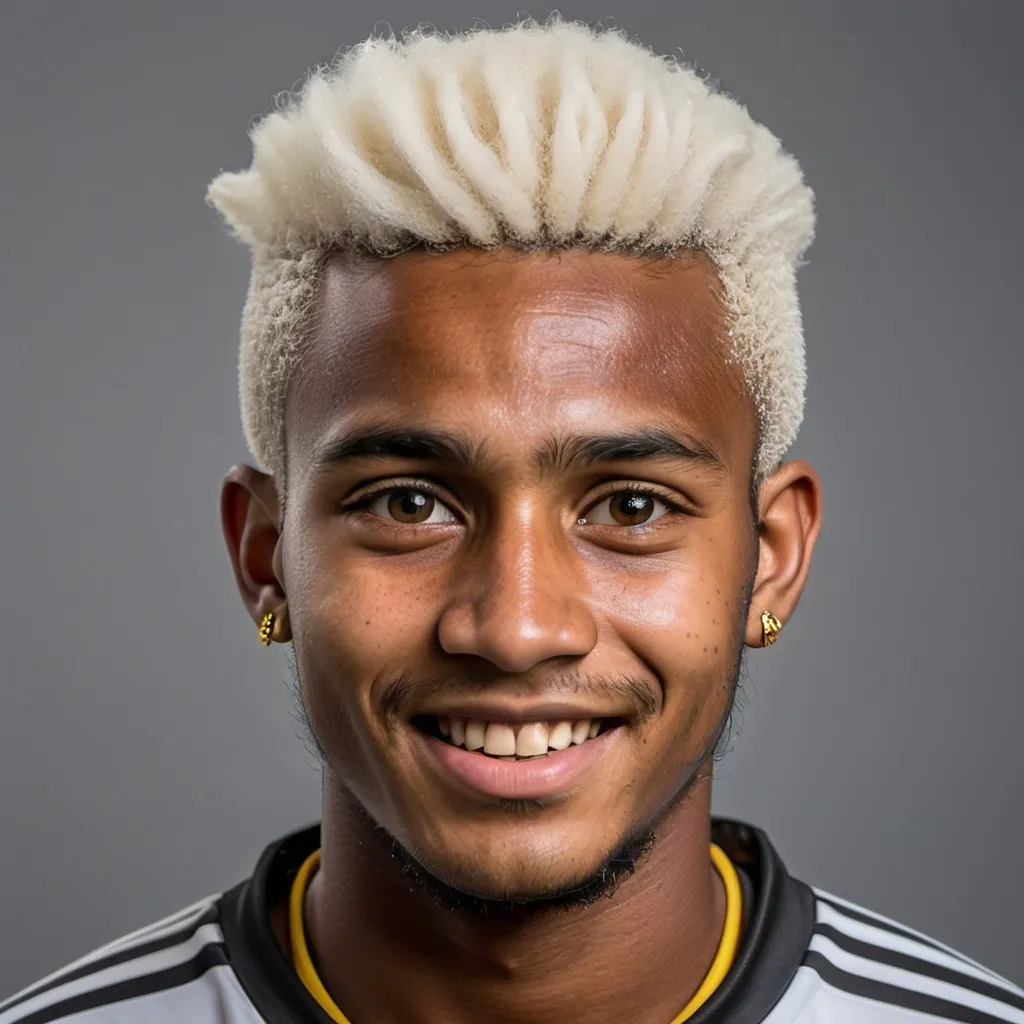 Prompt: 85mm DSLR colour photography of a very detailed headshot fitting all of head and hair in frame. 18 year old papuan soccer player, with white hair, white beard, use gold men earing with a small smile, grey background