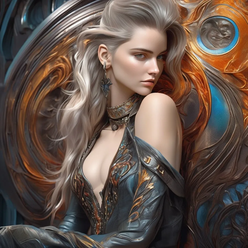 Prompt: female hot body jacket on, with a shirt open and a collar around his neck,punk necromancer, Ombre heterochromia ,flowing hair, art nouveau, oil painting, full body  , Full HD render immense detail ,dramatic lighting , well lit, fine ultra , detailed realism, full body art, lighting, high quality,  engraved highly detailed, digital painting, artstation, concept art, smooth, sharp focus. full body, 8k, highly detailed, full length frame, High detail, RAW color art, piercing, diffused soft lighting, shallow depth of field, sharp focus, hyperrealism, cinematic lighting, concept art