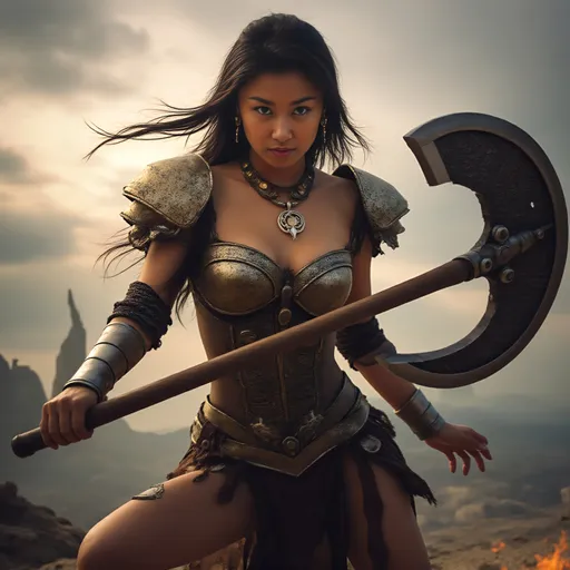 Prompt: @27wjOraNtQixaWNbdZ3B in the style of a powerful female warrior. wearing shiny golden armor and holding a massive runic axe. fantasy style