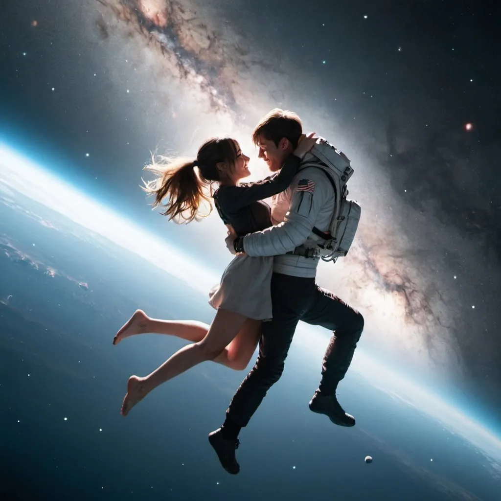 Prompt: a guy and a girl hugging while floating in space
