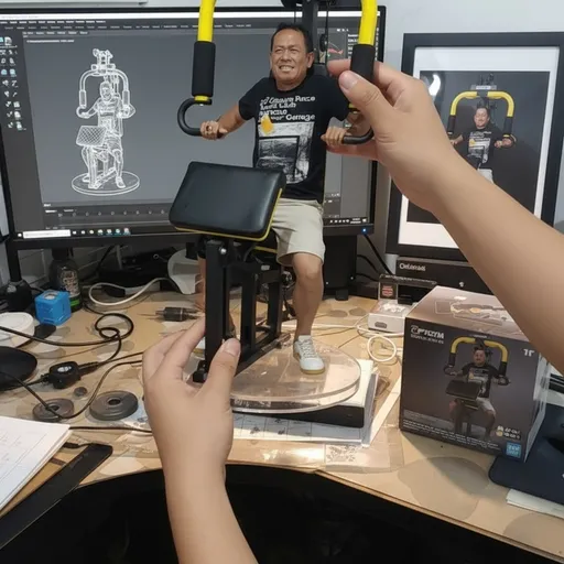 Prompt: Two hands gently pick up the figure in the frame and rotate it slightly for inspection. The model on the computer screen and the model printed on the packaging box remain stationary, while all other background elements stay unchanged.