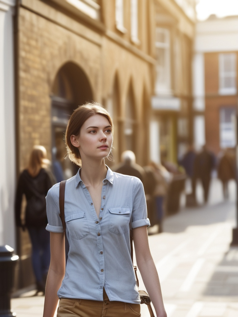 Prompt: Tall young woman walking down the high street, detailed clothing, realistic, natural lighting