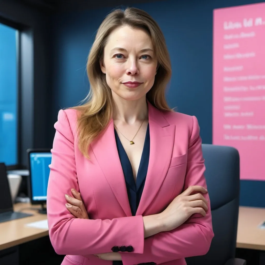 Prompt: Beautiful women like Ilon musk
Theme animate
Pink suit 
Background blue and gold office 
She is so smart and powerful 
