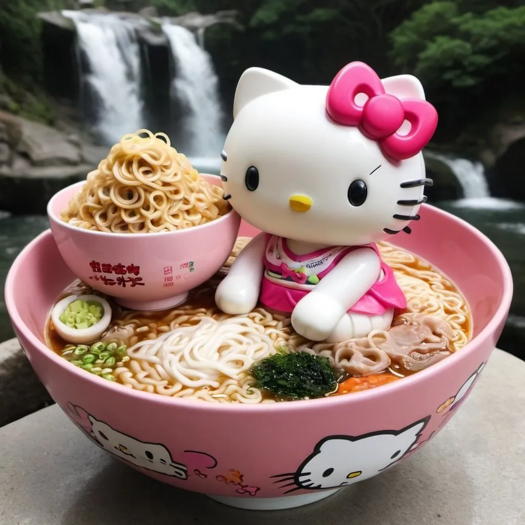 Prompt: Hello Kitty on a white and pink unicorn in front of a waterfall and large bowls of ramen