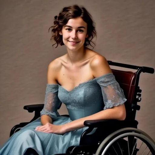 Prompt: <mymodel>Sophie, 28 years old female , has a small amount of  acne on her face  tightly curled brown shoulder length hair, beautiful legs, brown eyes, has quadriplegic Cerebral palsy, is sitting in her  blue Invercare 'Action 3 Lite sports' wheelchair, she has a shy gentle  smile, wearing  a red silk, fitted, off the shoulder ball gown, with ruby dangling earrings, matching bracelet and locket, she is in the grand ballroom at The White House,' there are many other people invited.
