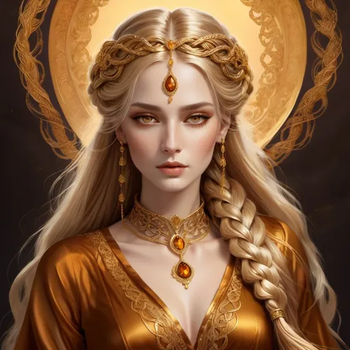 Prompt: Fantasy illustration of a regal woman with long, intricately braided golden hair adorned with delicate golden accessories, deep amber shining eyes, regal dark tunics with intricate golden details, flowing fabric suggesting strength and delicacy, high quality, fantasy, regal, detailed braids, intricate accessories, deep amber eyes, flowing fabric, strength and delicacy, golden tones, royal attire, elegant fantasy style