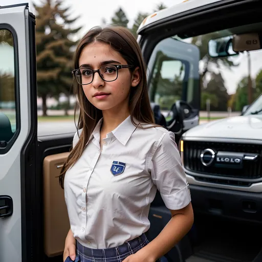 Prompt: Full body photo of a beautiful young girl, realistic photo, cute girl, cute face, wear white school uniform  shirt, wear glasses, with brown hair, iranian girl,  volvo fh truck background, centered in frame, facing camera, symmetrical face, ideal human, 8k, 85mm lens,f8, photography, ultra details, natural light, light background, photo, Studio lighting