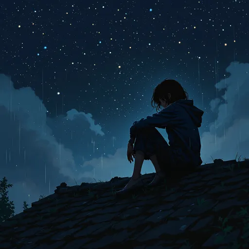 Prompt: Theme:Burdened by unseen sins.",19 20 yrs girl sitting on roof top looking at the stars.skin  brown..anime style,,hands on roof.wandering for hope large background dark intense theme,sad vibes depressed with some rain 


