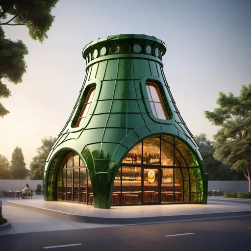 Prompt: Restaurant building with beer bottle shaped design appearance and digital transformation technology 