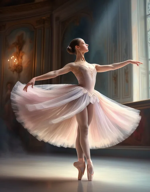 Prompt: Breathtaking ballet solo in a grand theater, elegant ballerina in motion, fine art oil painting, intricate costume details, graceful movements captured in high definition, classical art style, soft pastel hues, ethereal and dreamy lighting, 4k, oil painting, ballet solo, grand theater, elegant motion, intricate details, high definition, classical art, soft pastel hues, ethereal lighting