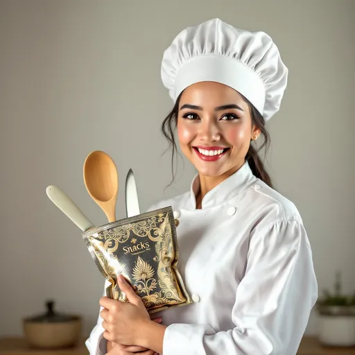 Prompt: beautiful Indonesian chef, wearing white cher uniform and hat, smiling brightly, holding a metalic snack pouch in one hand, kitchen utensils elegantly poised in the other hand, bright and inviting atmosphere, plain white background,  high detail, 4K, capturing joy and culinary artistry.