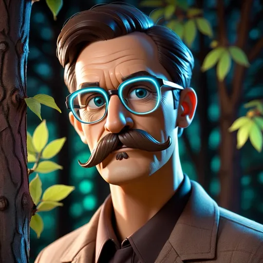 Prompt: a man wearing glasses with a fake mustache and a fake mustache on his face, in the dark, with a tree in the background, Bedwyr Williams, futurism, cyberpunk style, a hologram