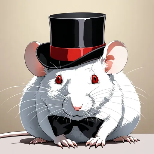 Prompt: a huge big white rat with red eyes wearing a black top hat