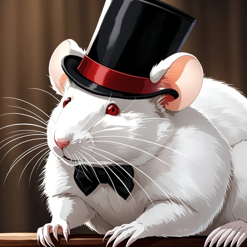 Prompt: a huge big white rat with red eyes wearing a black top hat