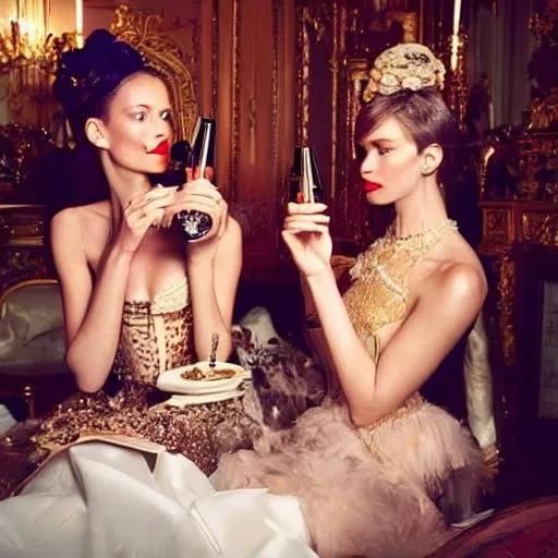 Prompt: Two beautiful models in couture drinking champagne and have cakes and desserts all around them while in bed together hanging out in a large Victorian room vogue editorial style