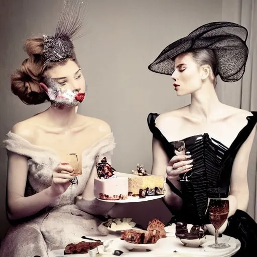 Prompt: Two beautiful models in couture drinking champagne and have cakes and desserts all around them while in bed together hanging out in a large Victorian room vogue editorial style