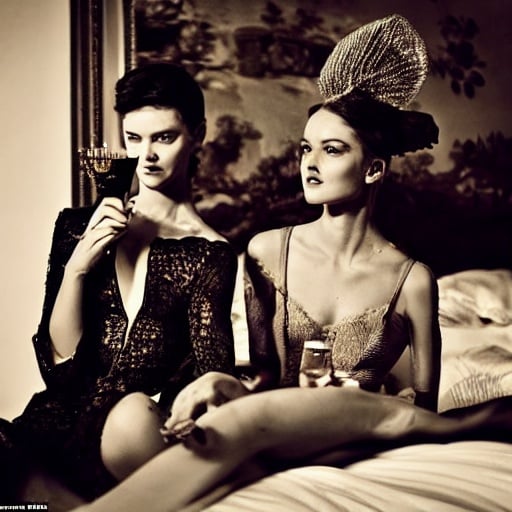 Prompt: Two beautiful models with beautiful faces in couture drinking champagne and have cakes and desserts all around them while in bed together hanging out in a large Victorian room vogue editorial style