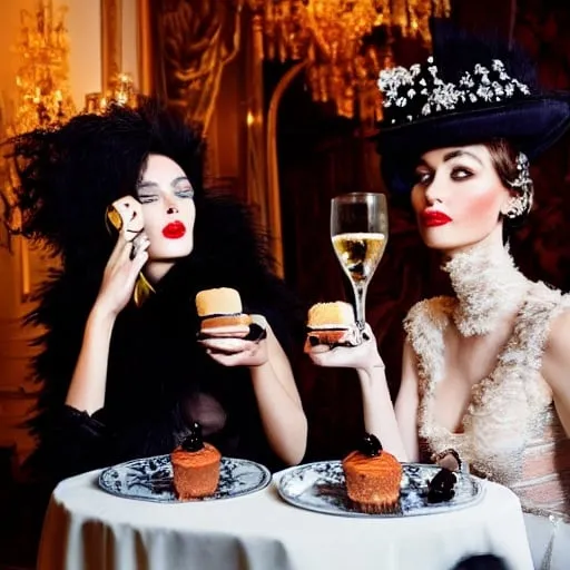 Prompt: Two beautiful models in couture drinking champagne and have cakes and desserts all around them while in bed together hanging out in a large Victorian room vogue editorial style