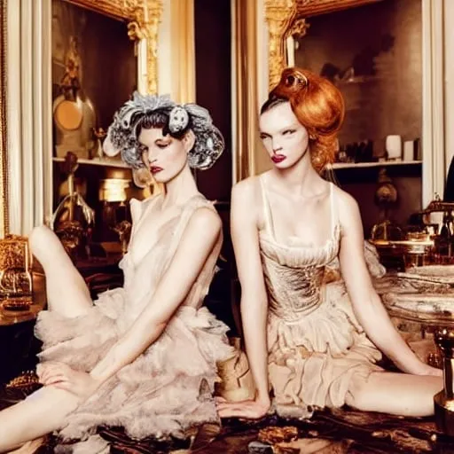 Prompt: Two beautiful models with beautiful faces in couture drinking champagne and have cakes and desserts all around them while in bed together hanging out in a large Victorian room vogue editorial style