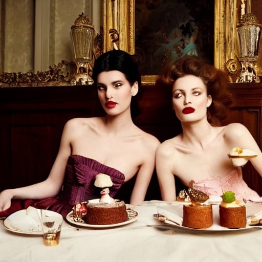 Prompt: Two beautiful models in couture drinking champagne and have cakes and desserts all around them while in bed together hanging out in a large Victorian room vogue editorial style